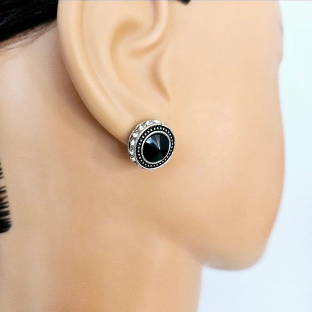 Black and Rhinestone Stud Earrings